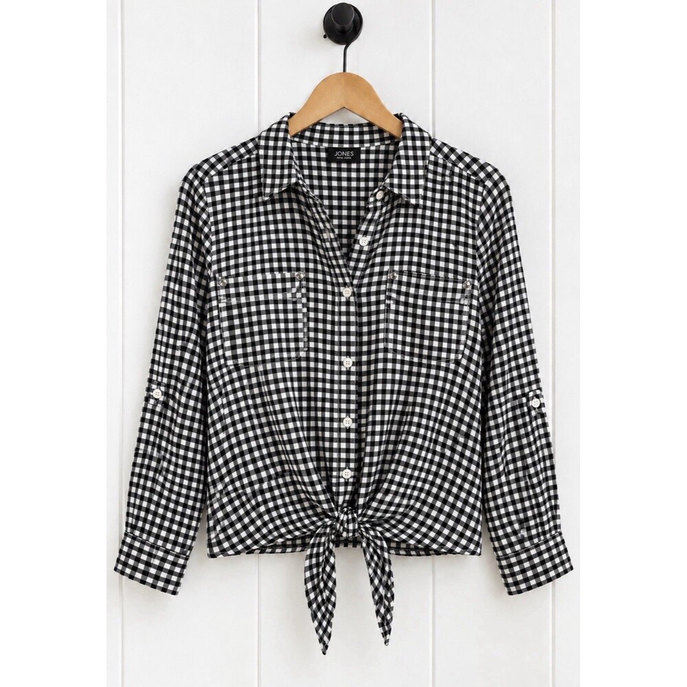 Jones New York Women's Black White Check Tie Waist Long Sleeve Top Size Large